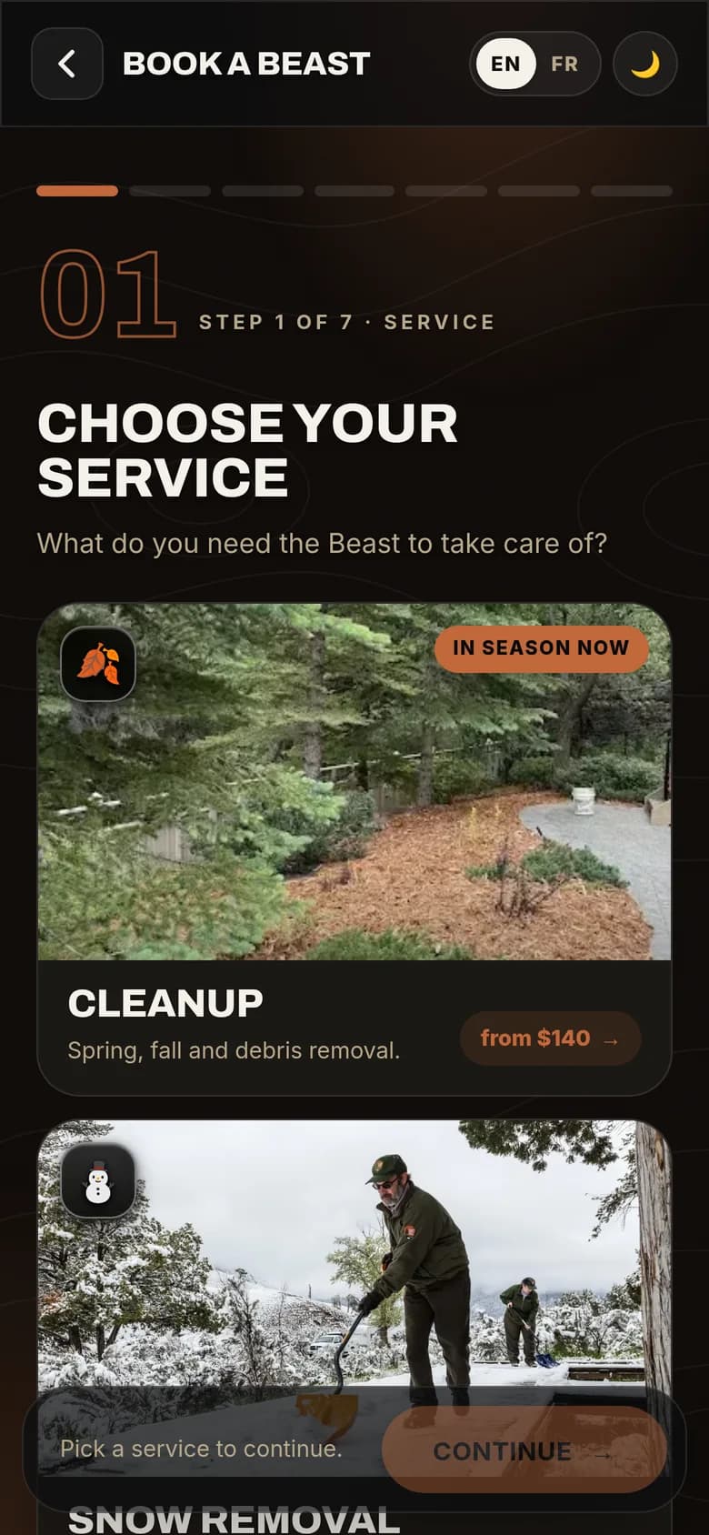 Choosing a service on the Beast booking page