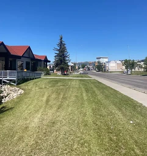 Striped lawn and tidy rock beds along a commercial street frontage.